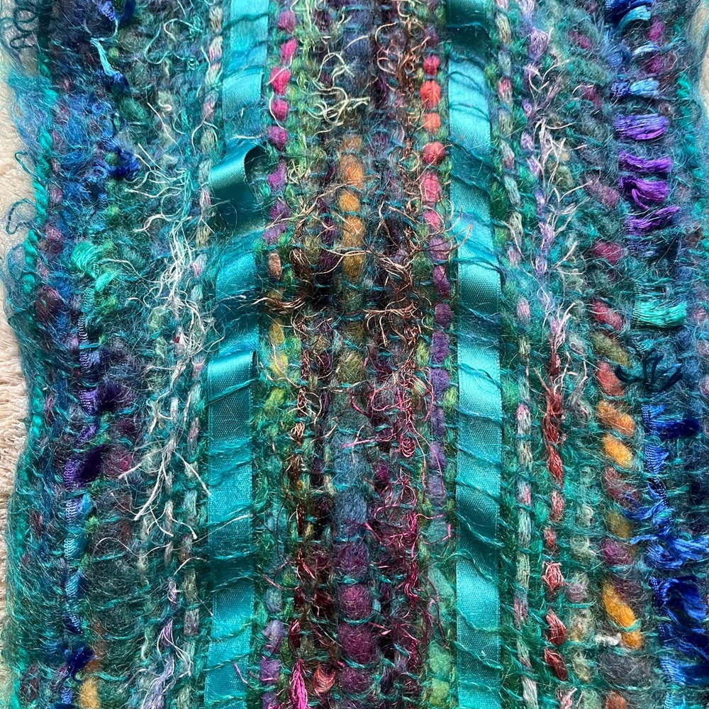🧣Colourful Woven Scarf. Mixed materials 47”x7” Purchased in Edinburgh Scotland